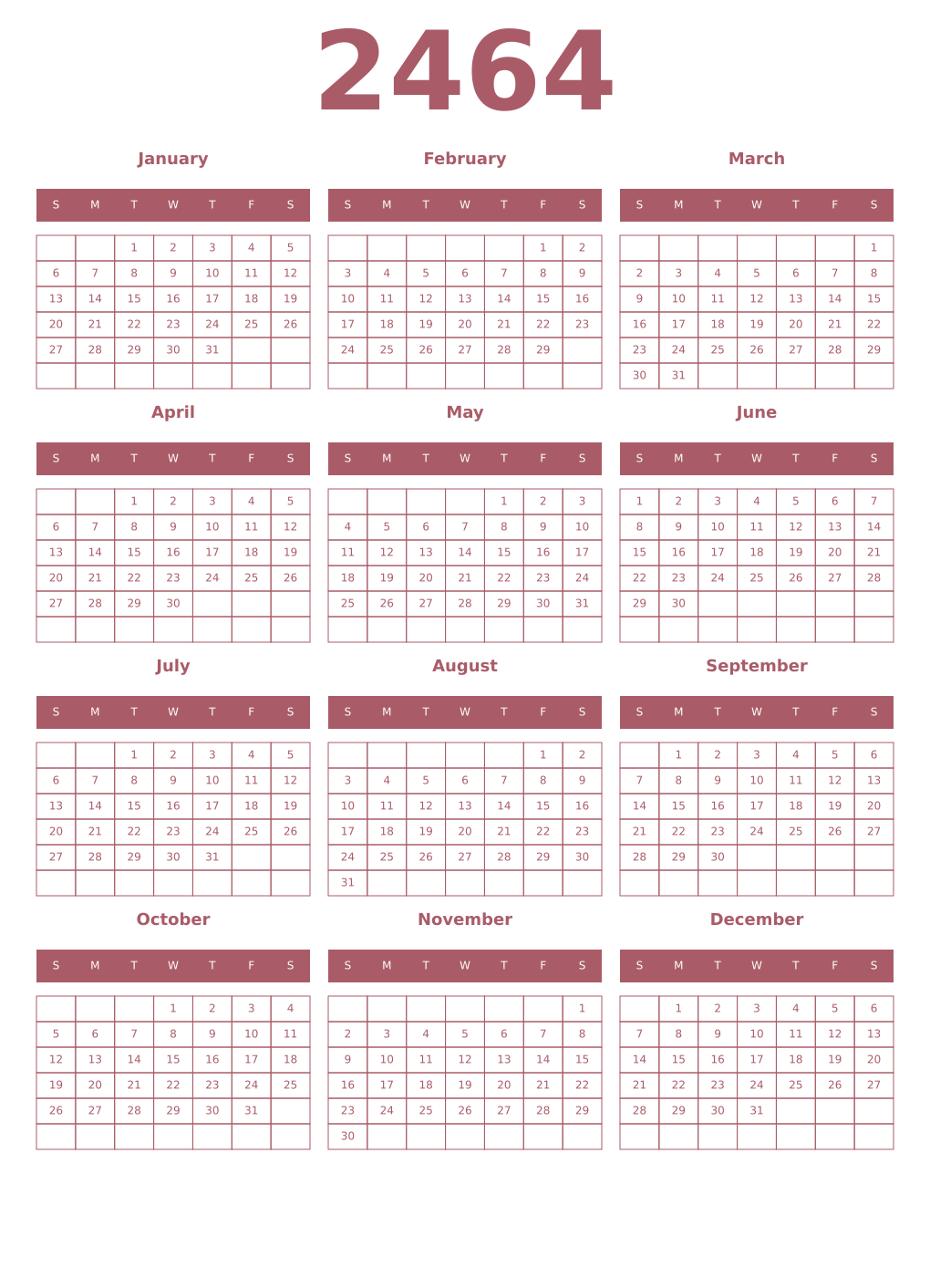 Printable 2464 Year Calendars puce