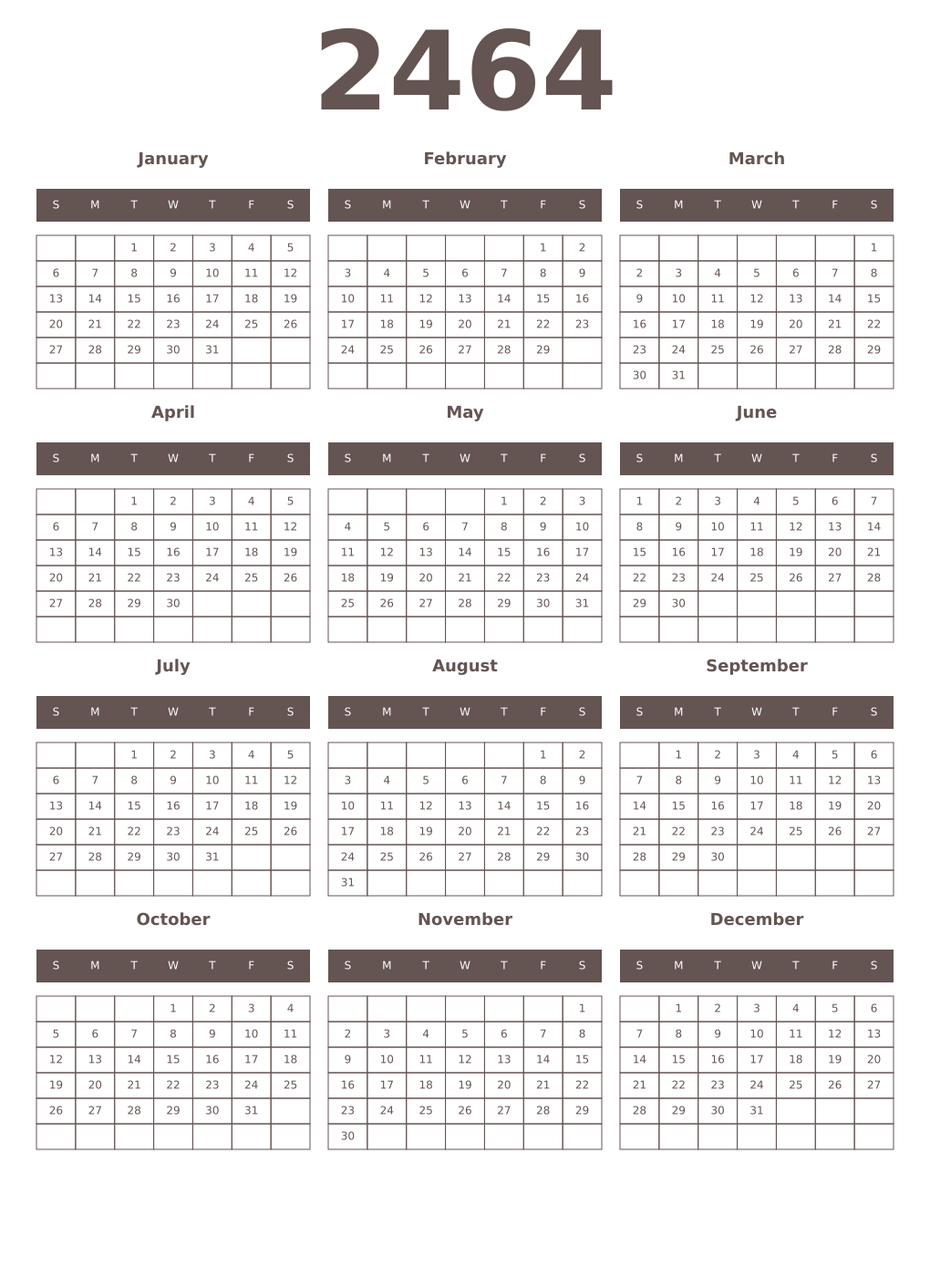 Printable 2464 Year Calendars wenge