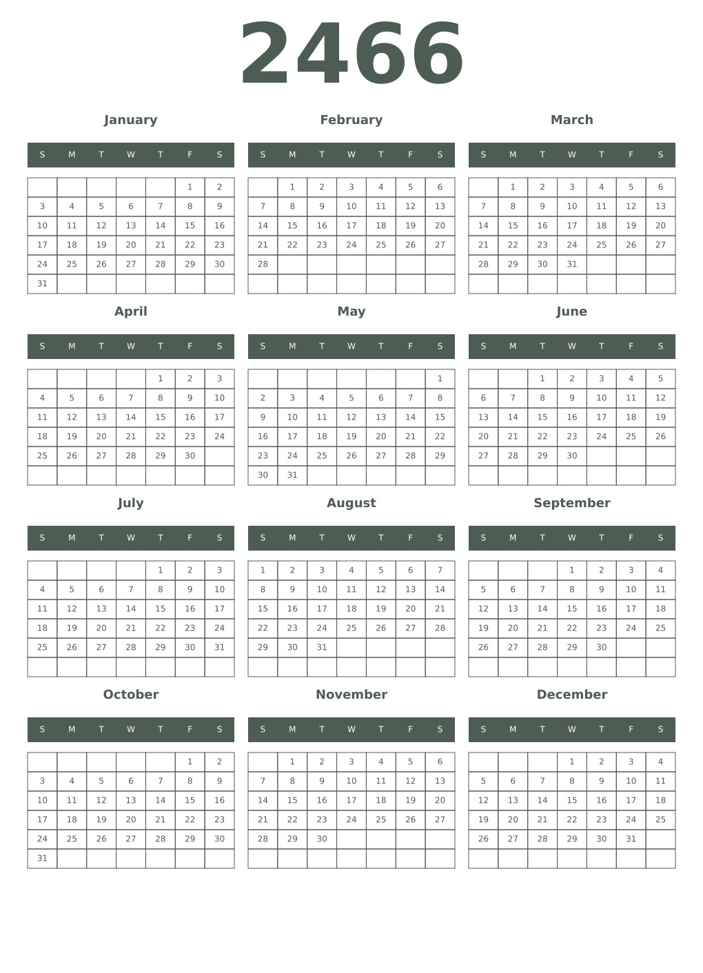 Printable 2466 Year Calendars feldgrau