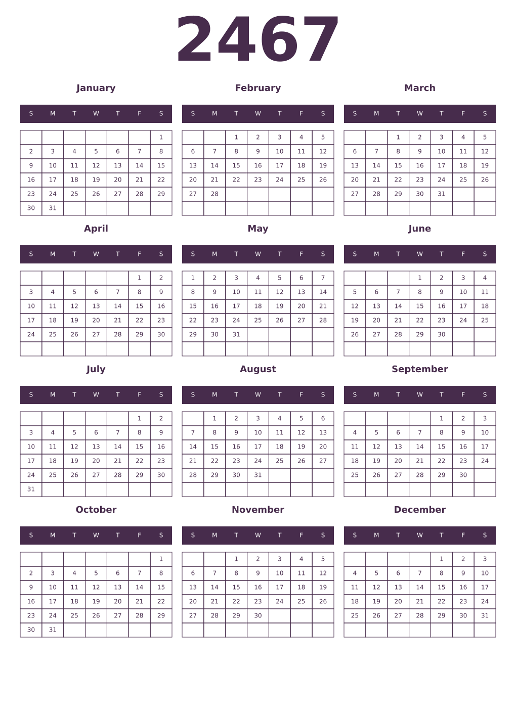 Printable 2467 Year Calendars aubergine