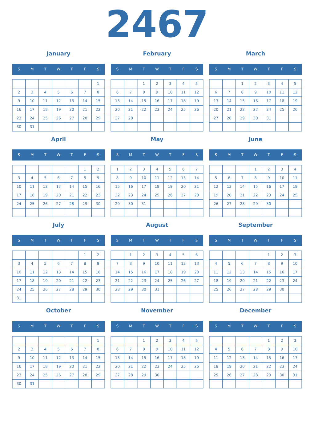 Printable 2467 Year Calendars blue