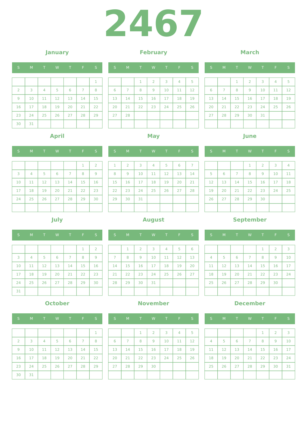 Printable 2467 Year Calendars celadon