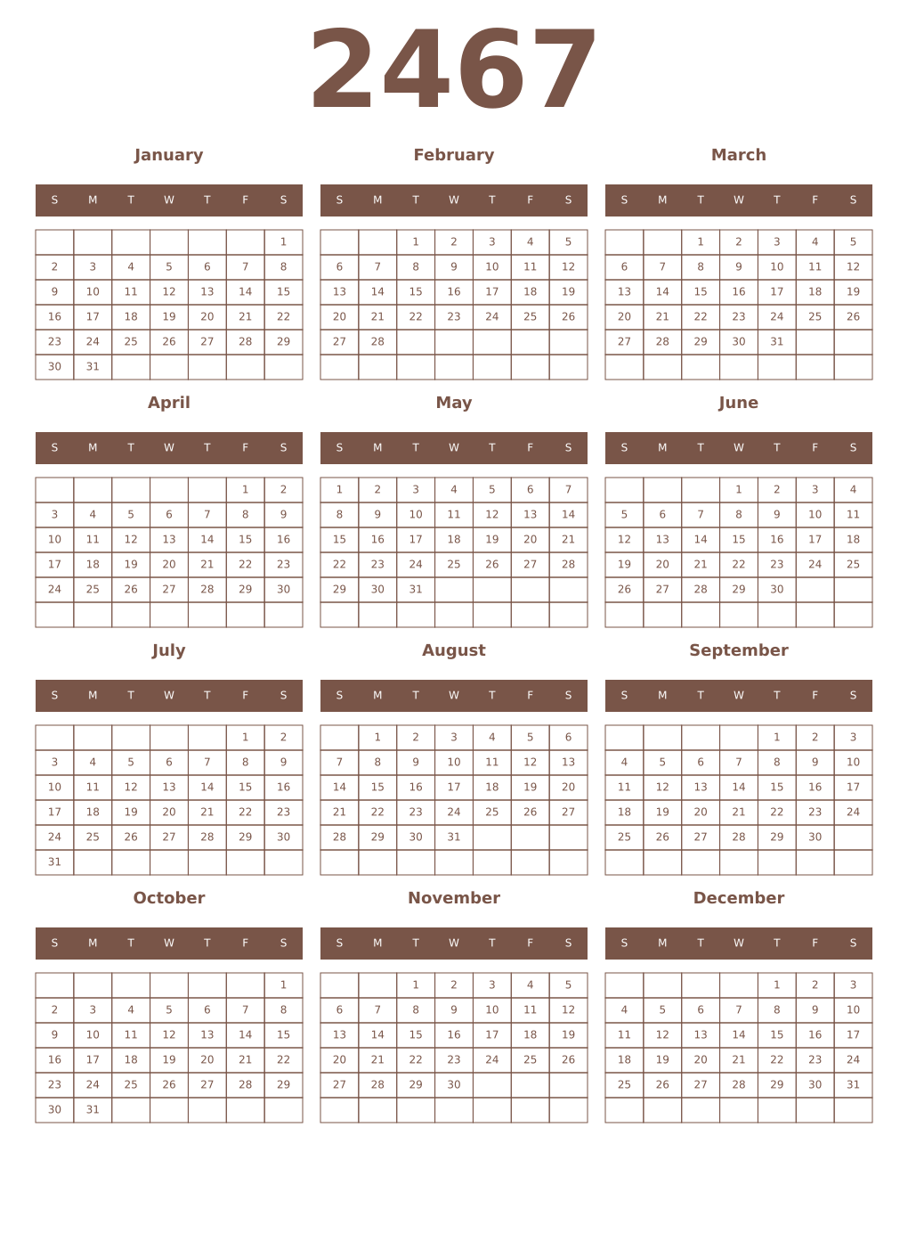 Printable 2467 Year Calendars coffe