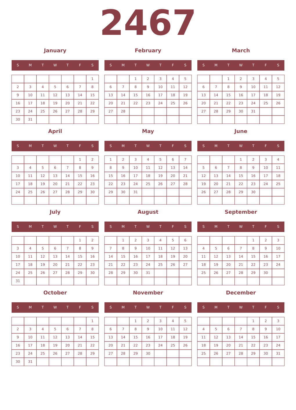 Printable 2467 Year Calendars cordovan