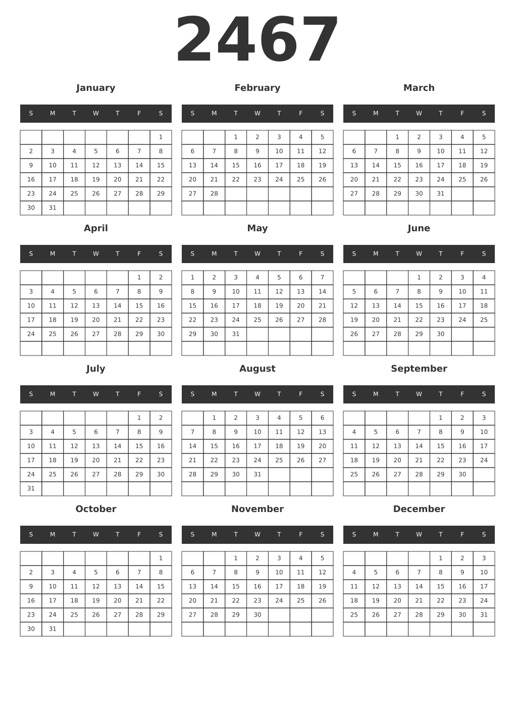 Printable 2467 Year Calendars dark