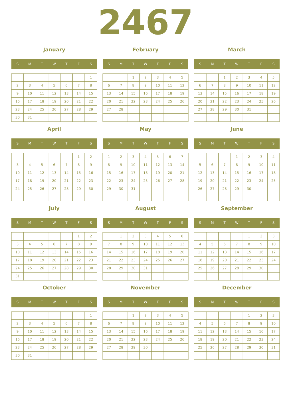 Printable 2467 Year Calendars eburnean