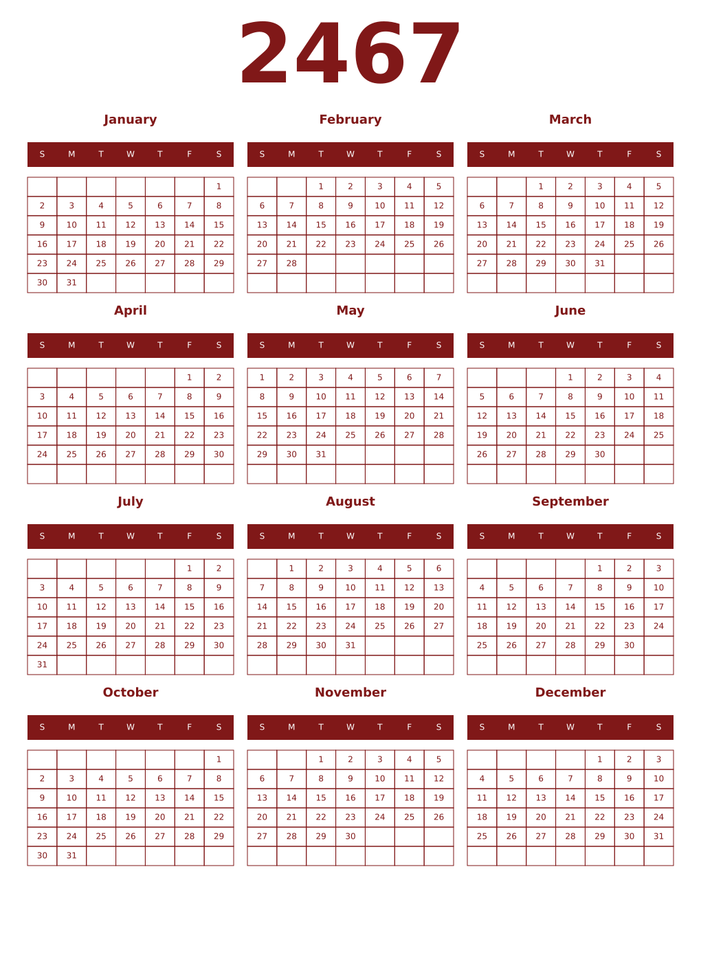 Printable 2467 Year Calendars falu