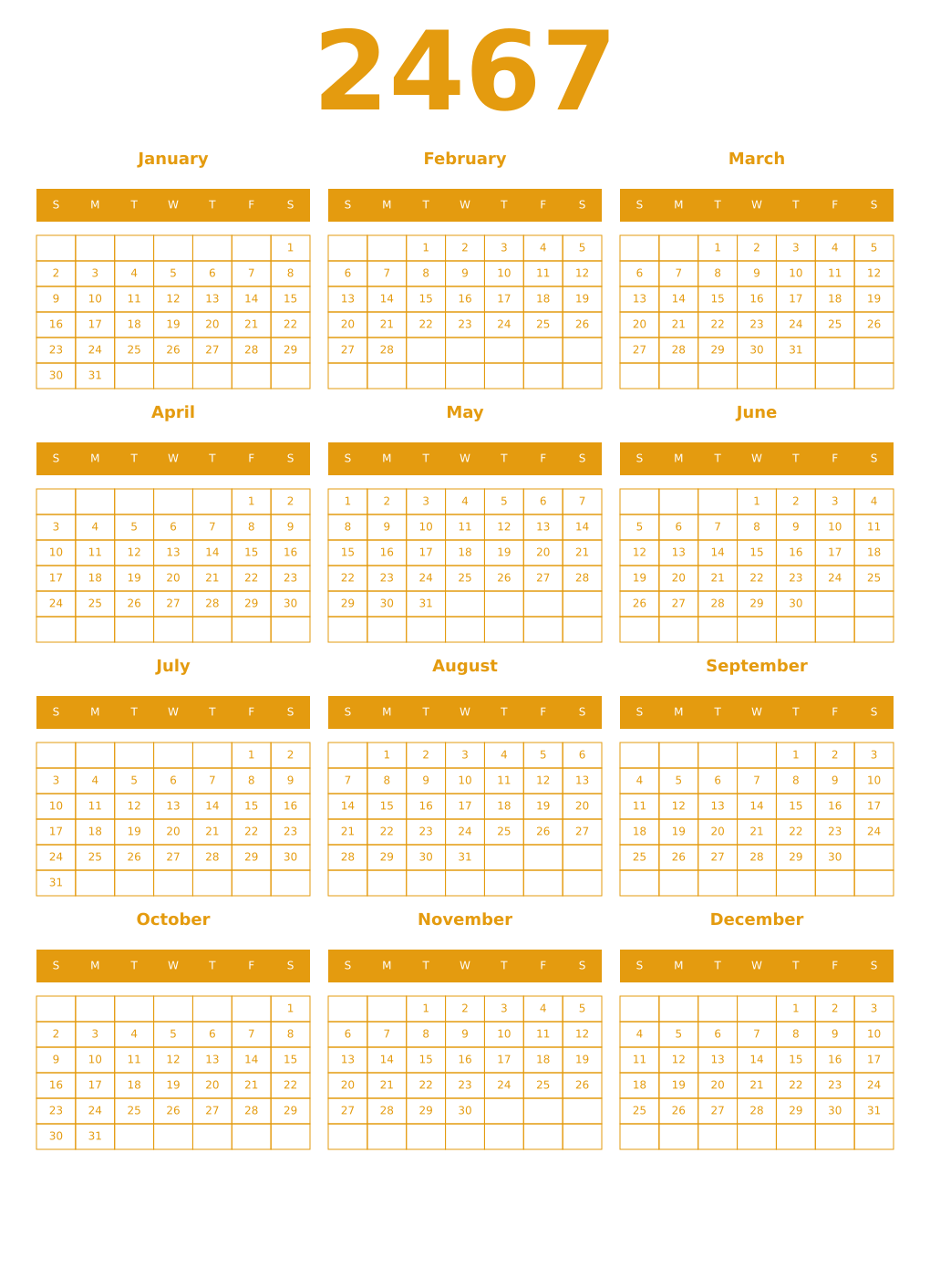 Printable 2467 Year Calendars gamboge