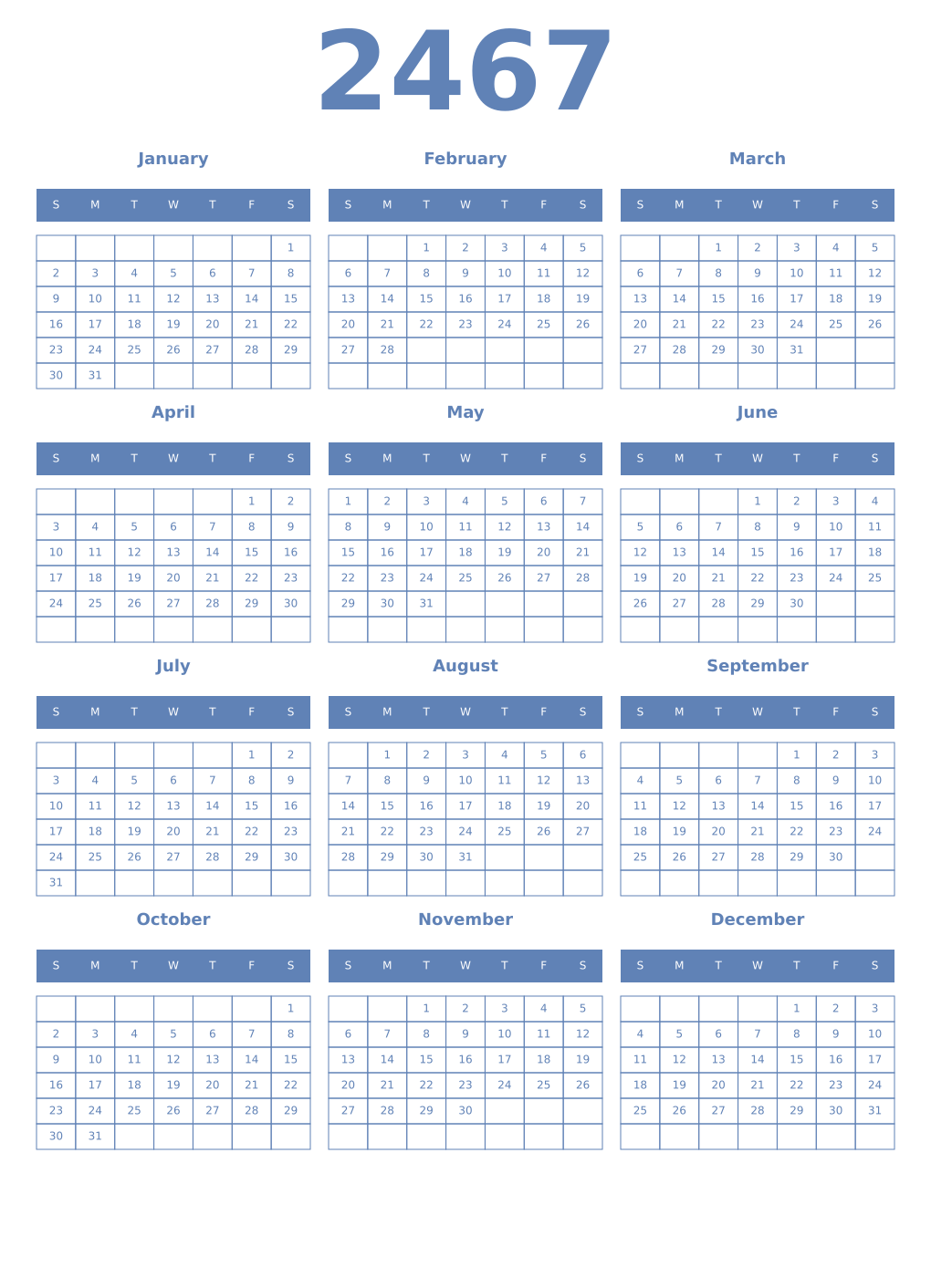 Printable 2467 Year Calendars glaucous