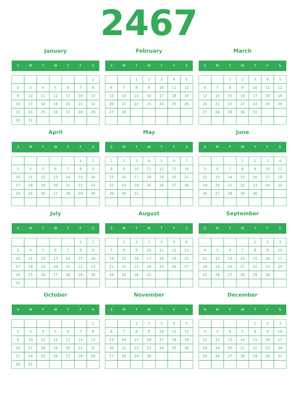 Printable 2467 Year Calendars green