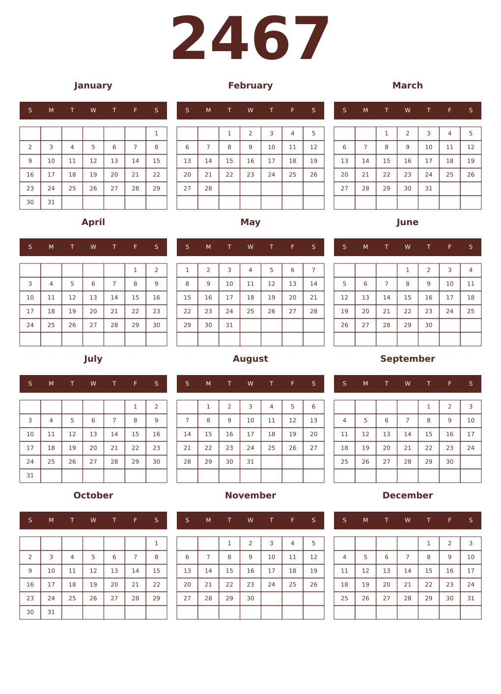 Printable 2467 Year Calendars mortuum