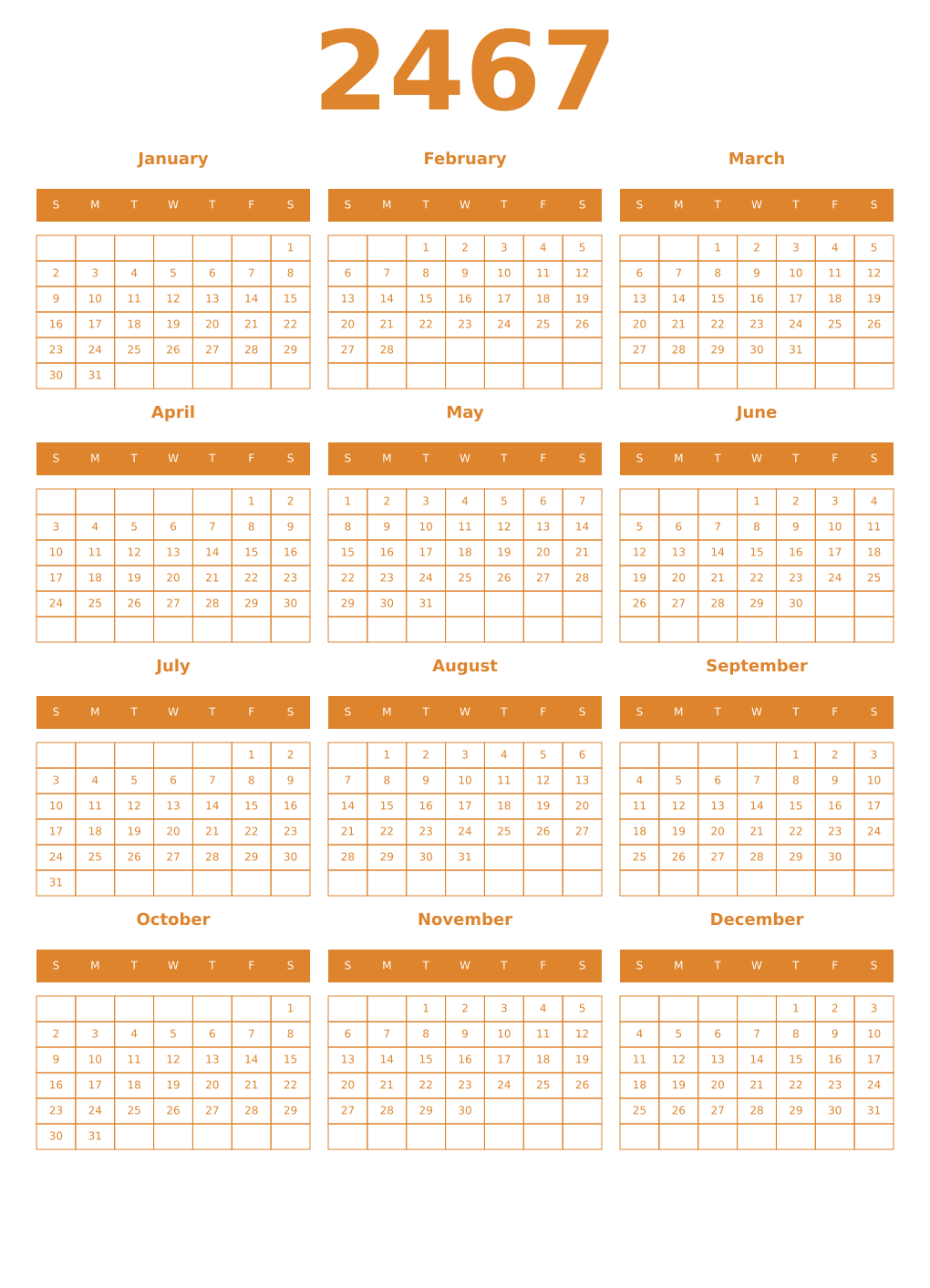 Printable 2467 Year Calendars orange