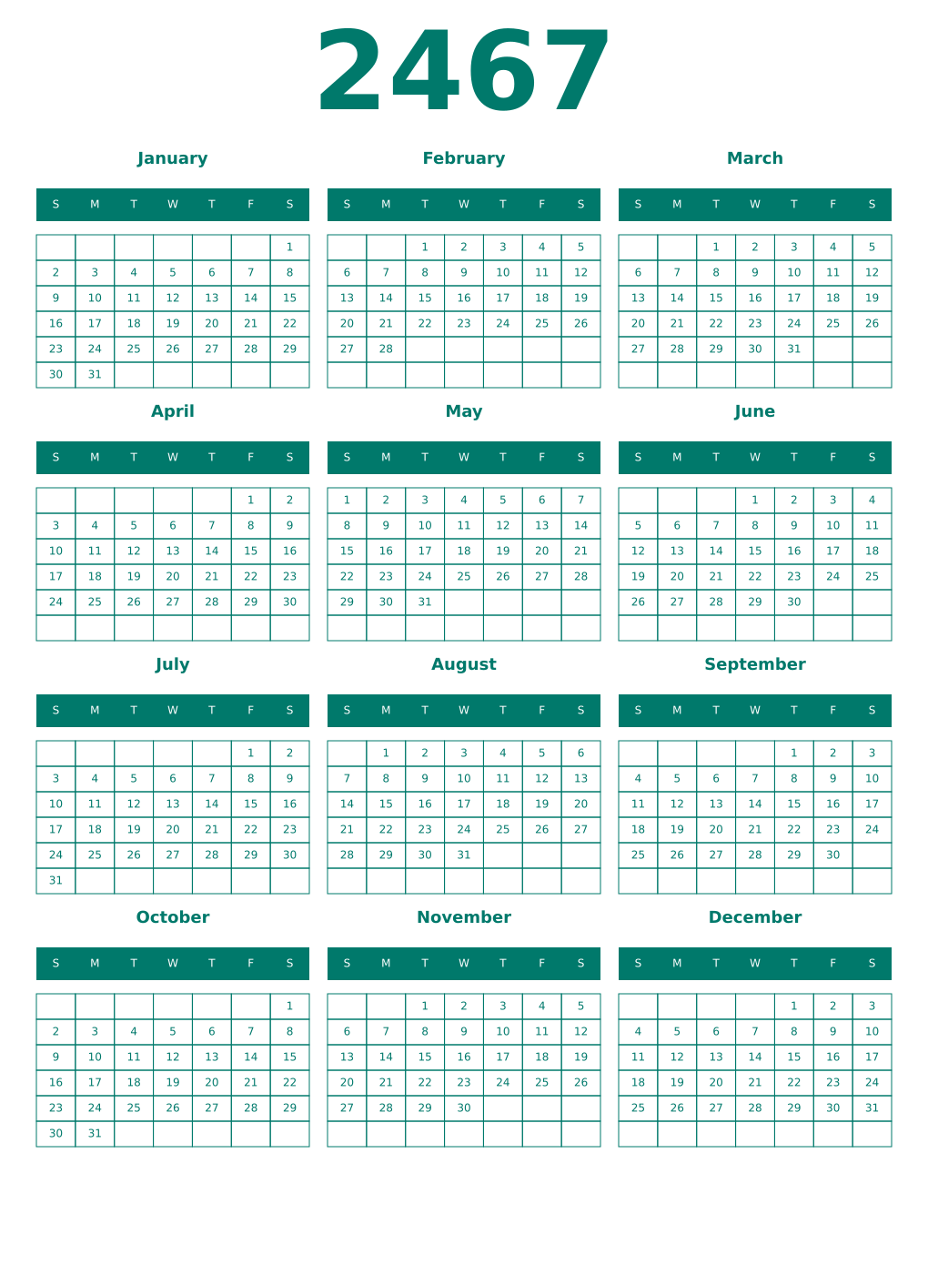 Printable 2467 Year Calendars pastel