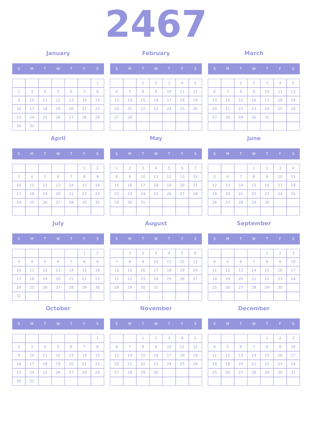 Printable 2467 Year Calendars periwinkle