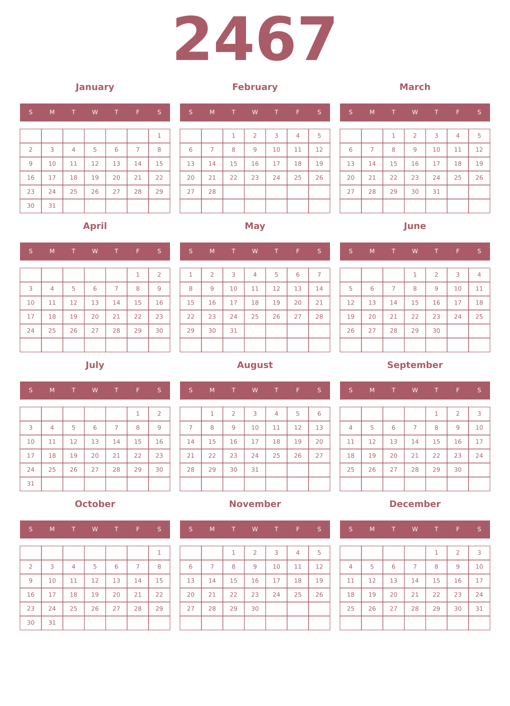 Printable 2467 Year Calendars puce