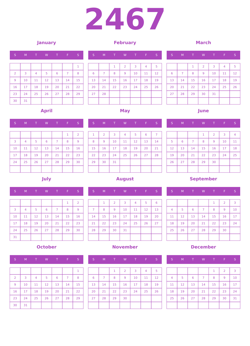 Printable 2467 Year Calendars purple