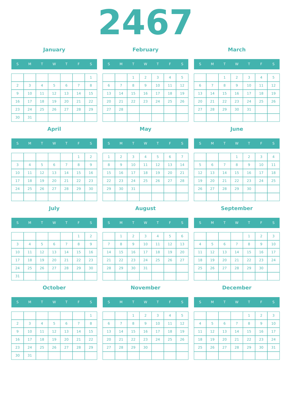 Printable 2467 Year Calendars verdigris