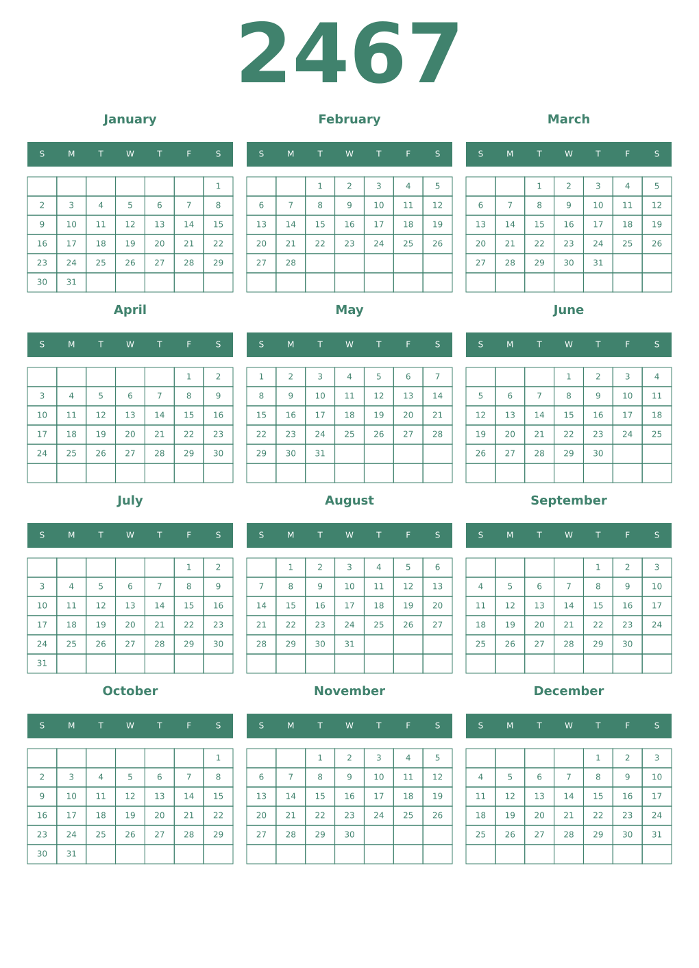 Printable 2467 Year Calendars viridian