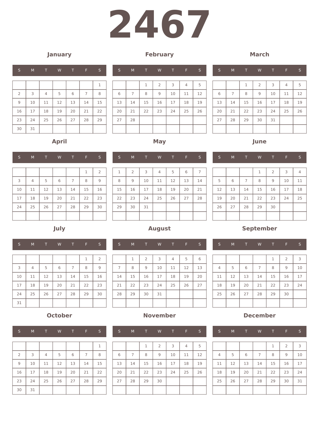 Printable 2467 Year Calendars wenge