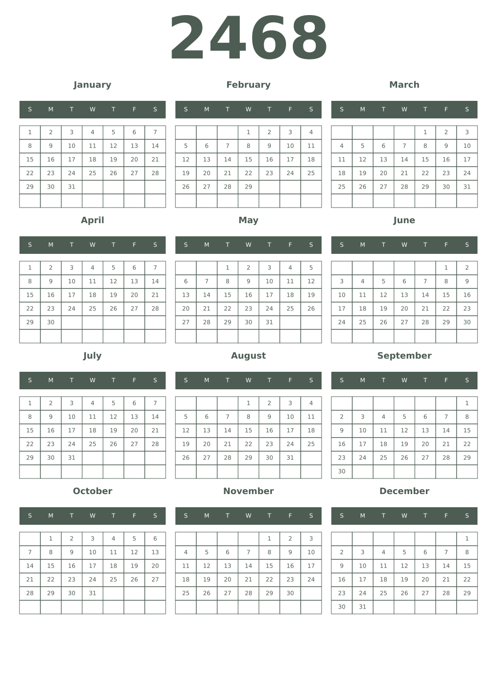 Printable 2468 Year Calendars feldgrau