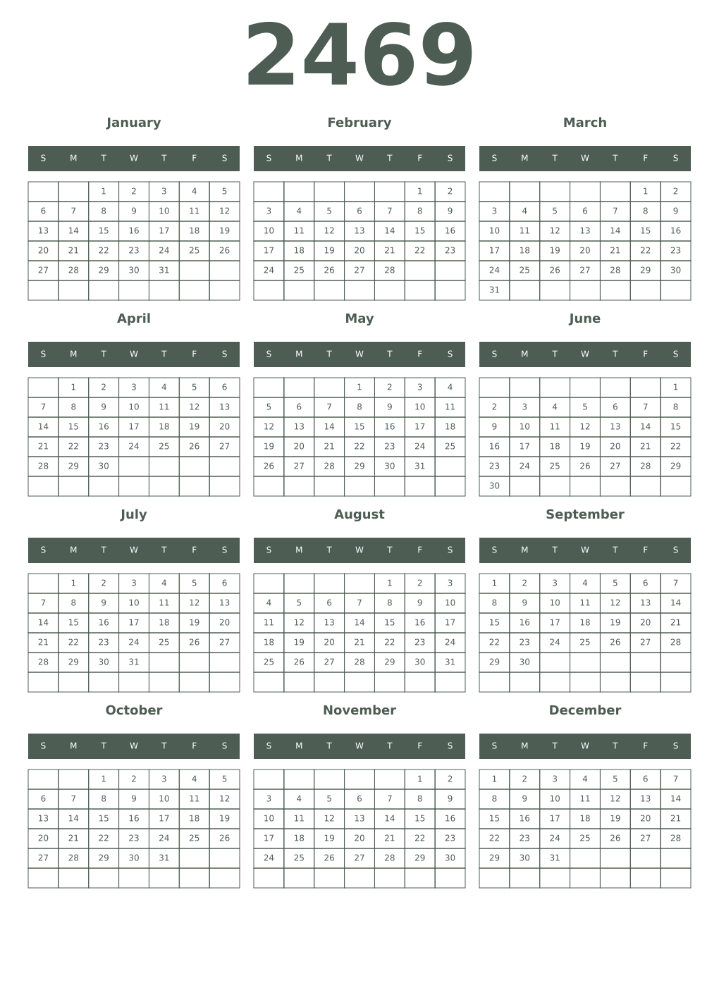 Printable 2469 Year Calendars feldgrau
