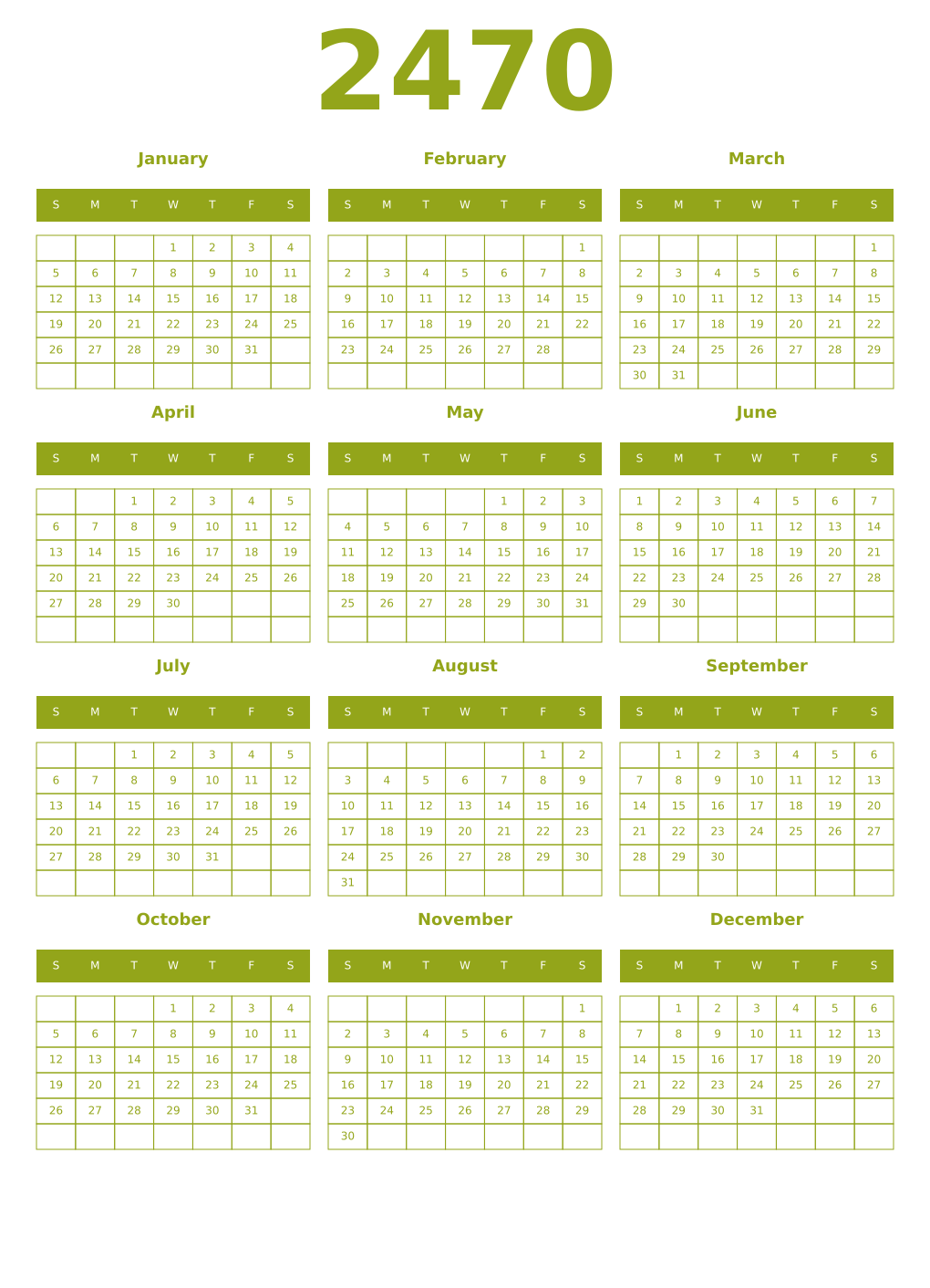 Printable 2470 Year Calendars chartreuse
