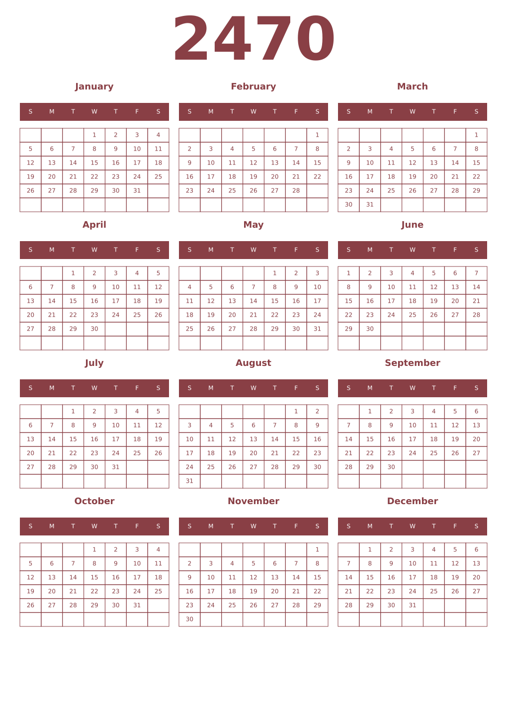 Printable 2470 Year Calendars cordovan