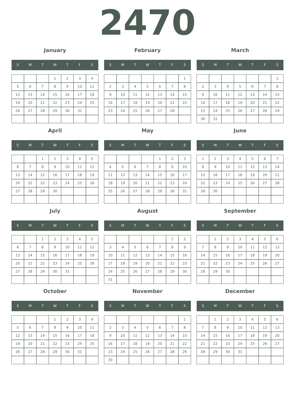 Printable 2470 Year Calendars feldgrau