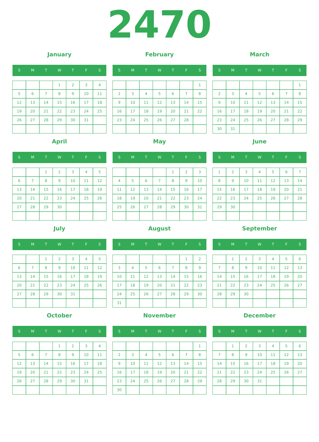 Printable 2470 Year Calendars green