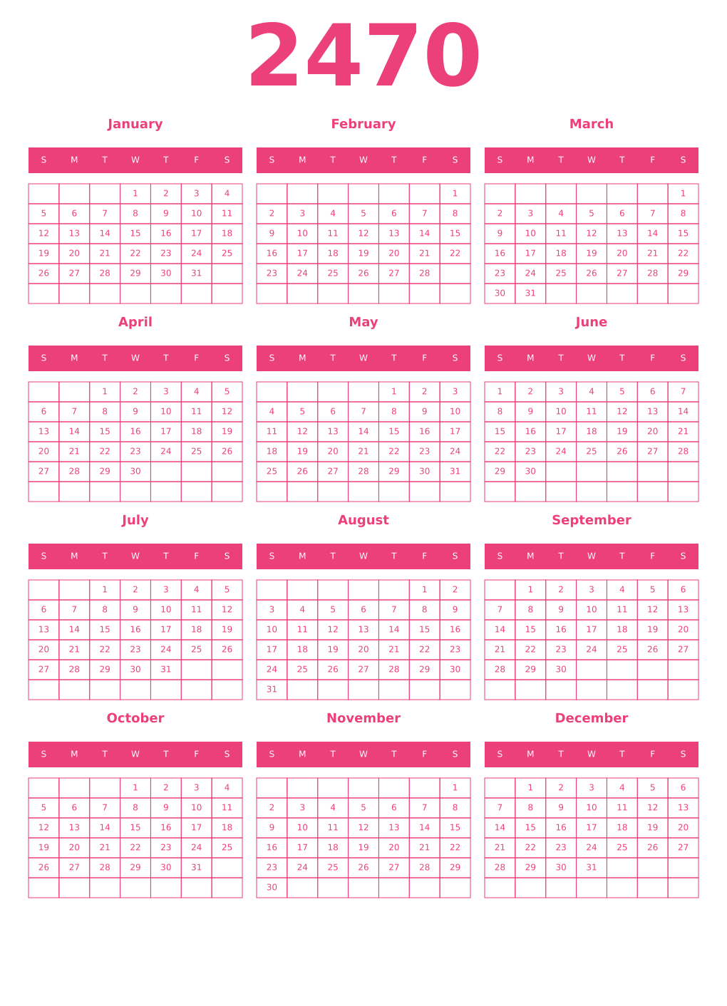 Printable 2470 Year Calendars pink