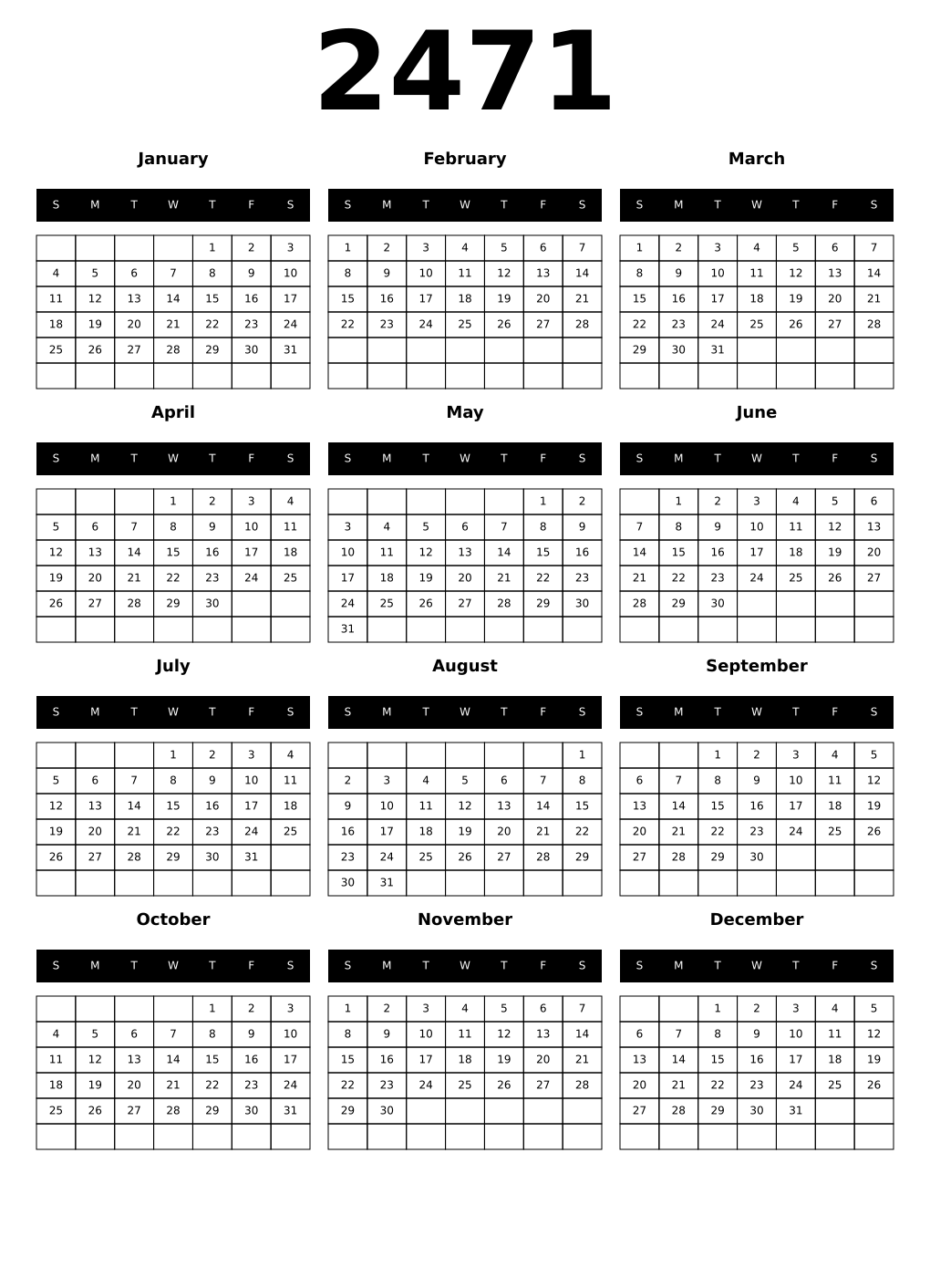 Printable 2471 Year Calendars black