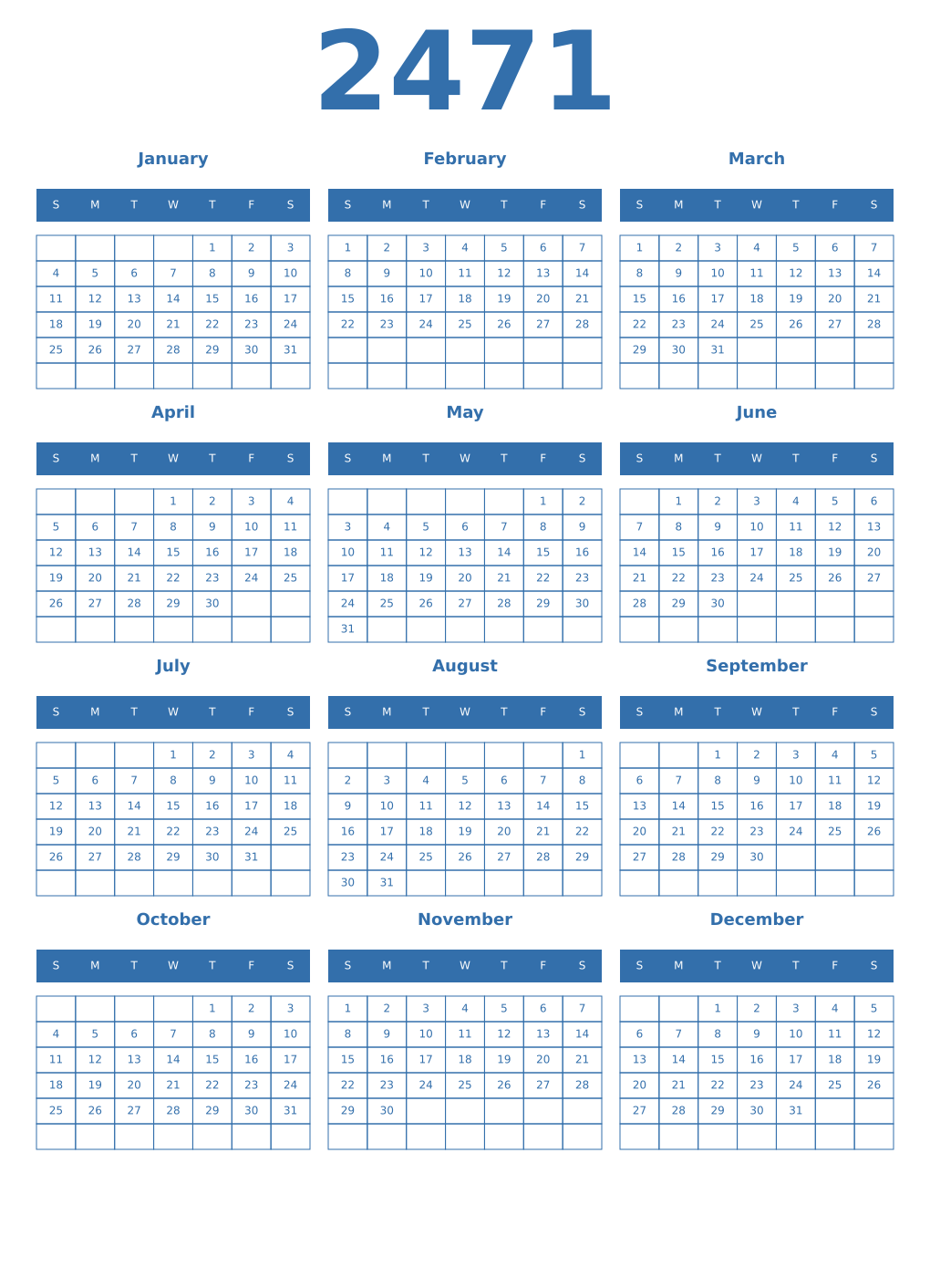Printable 2471 Year Calendars blue
