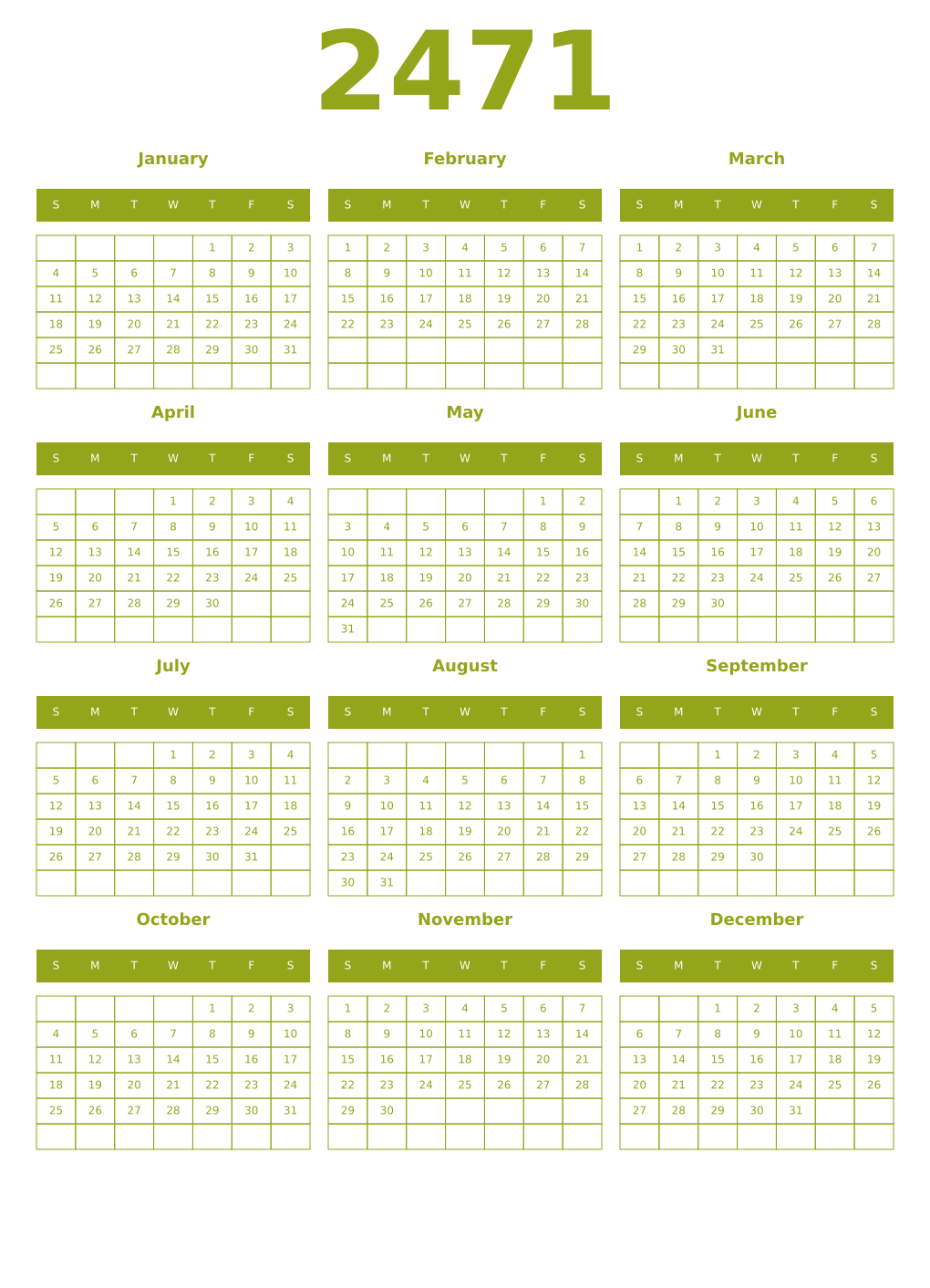 Printable 2471 Year Calendars chartreuse