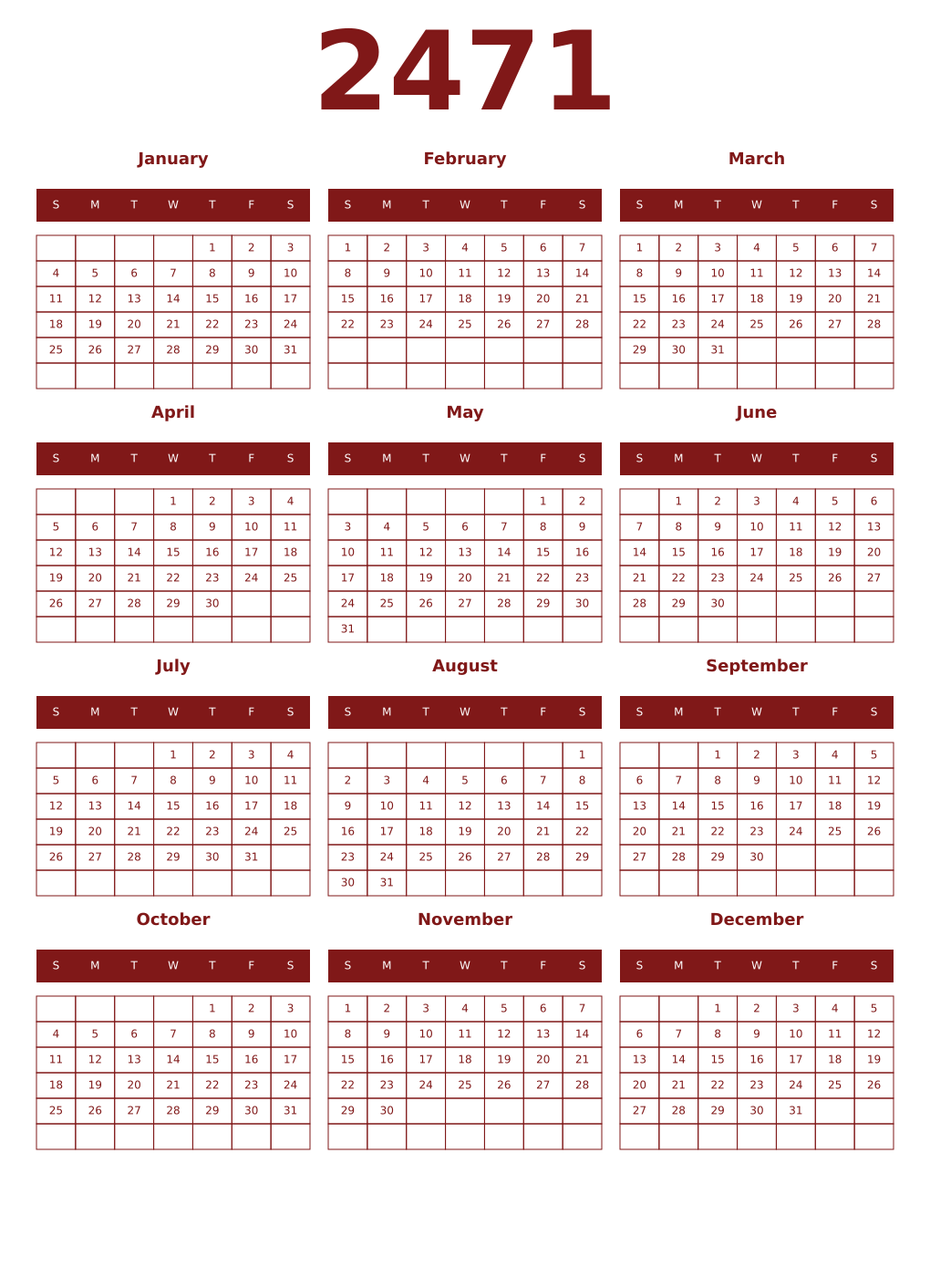 Printable 2471 Year Calendars falu