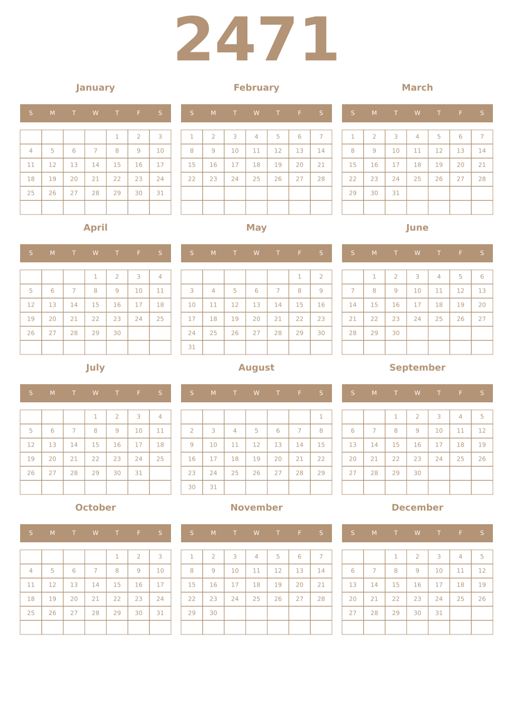 Printable 2471 Year Calendars isabelline