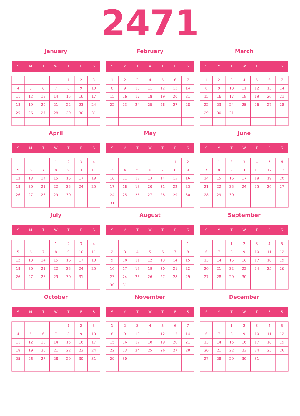 Printable 2471 Year Calendars pink