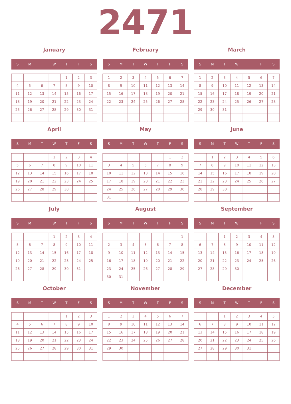 Printable 2471 Year Calendars puce