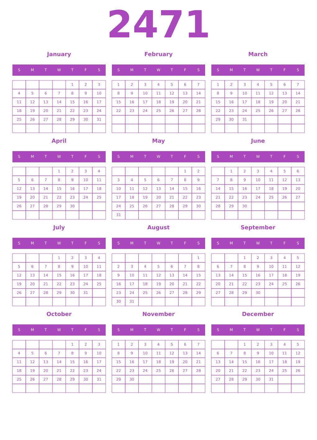Printable 2471 Year Calendars purple