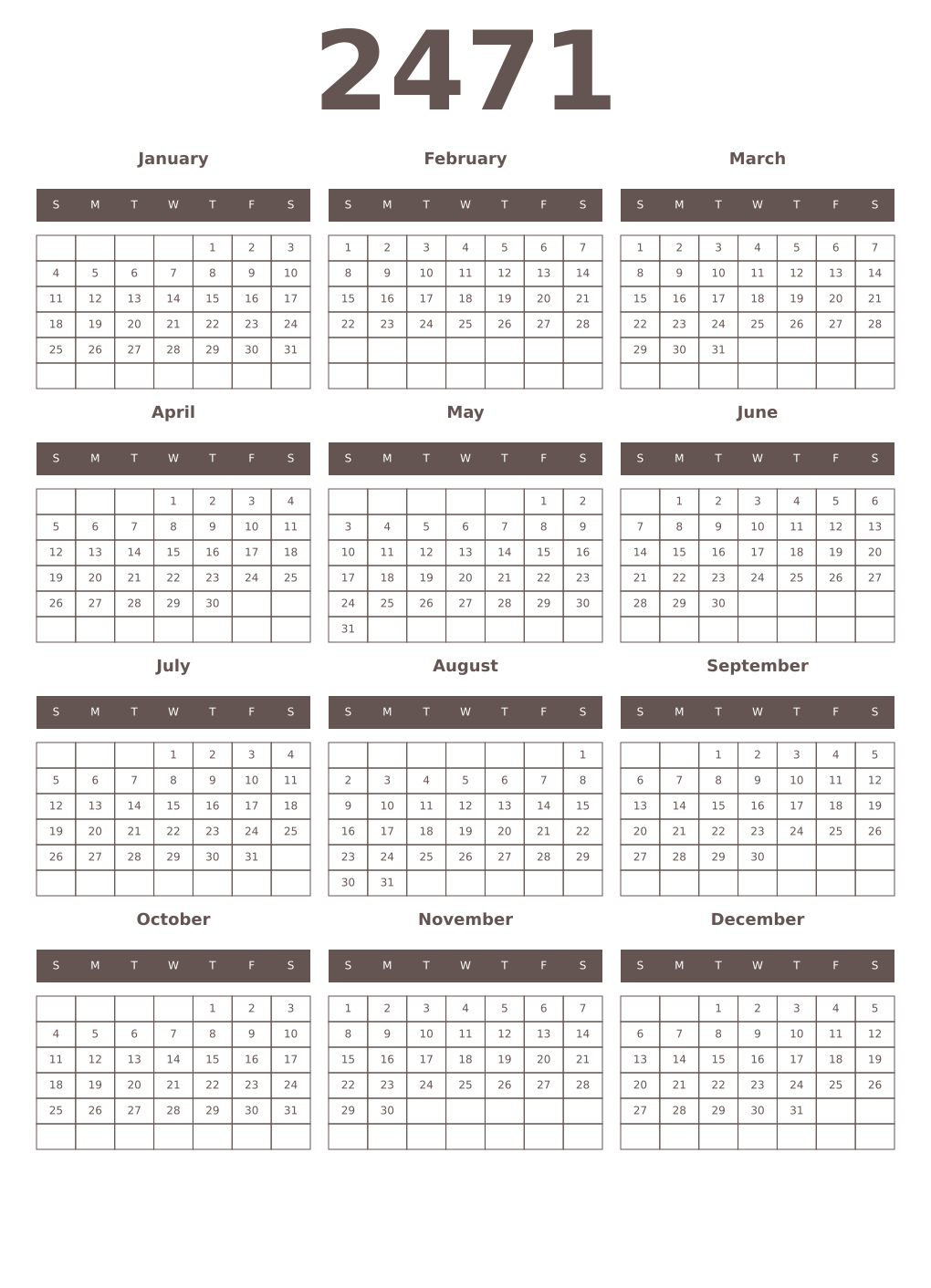 Printable 2471 Year Calendars wenge