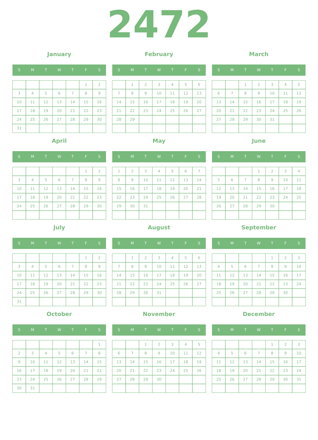 Printable 2472 Year Calendars celadon