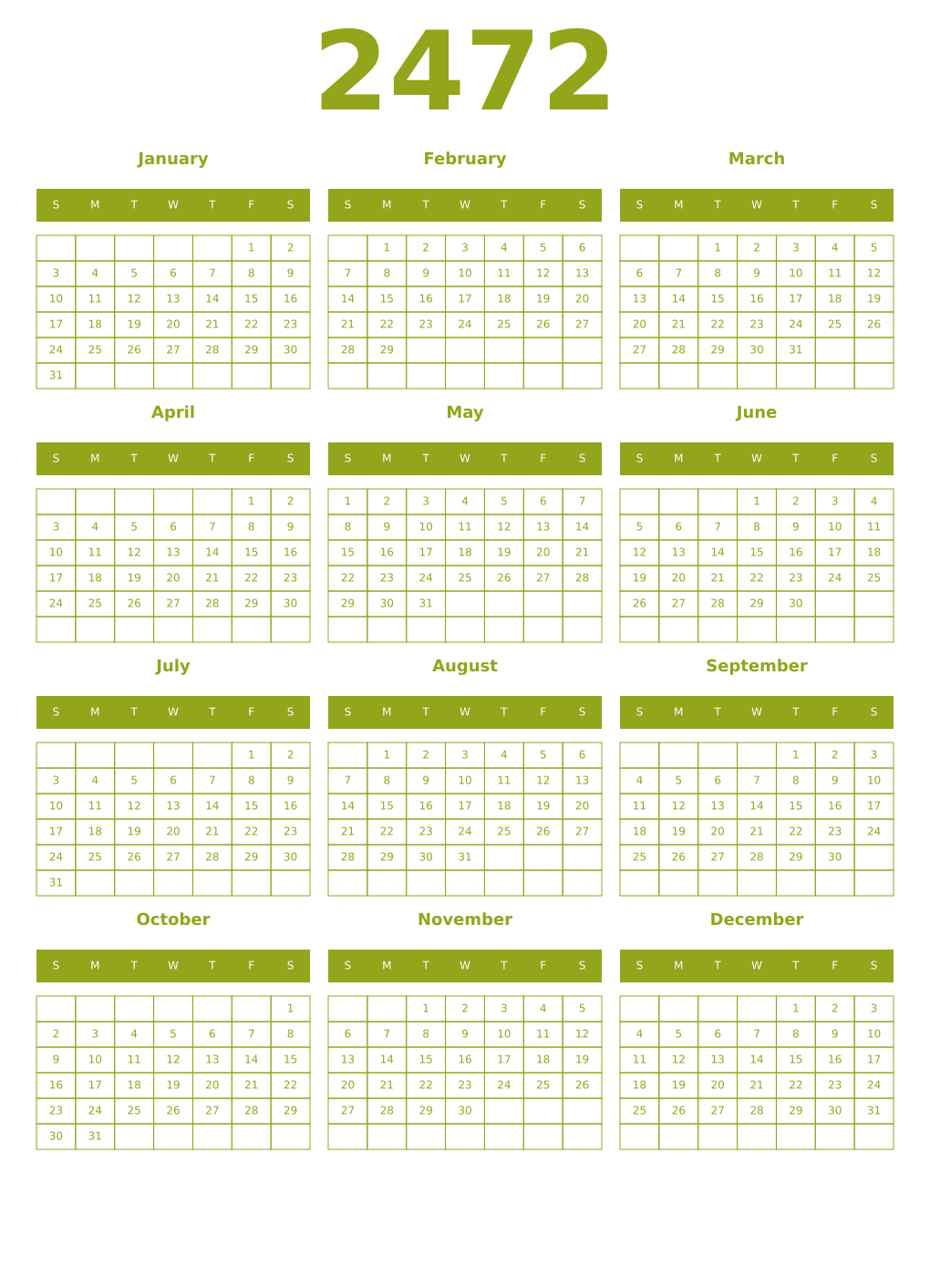 Printable 2472 Year Calendars chartreuse