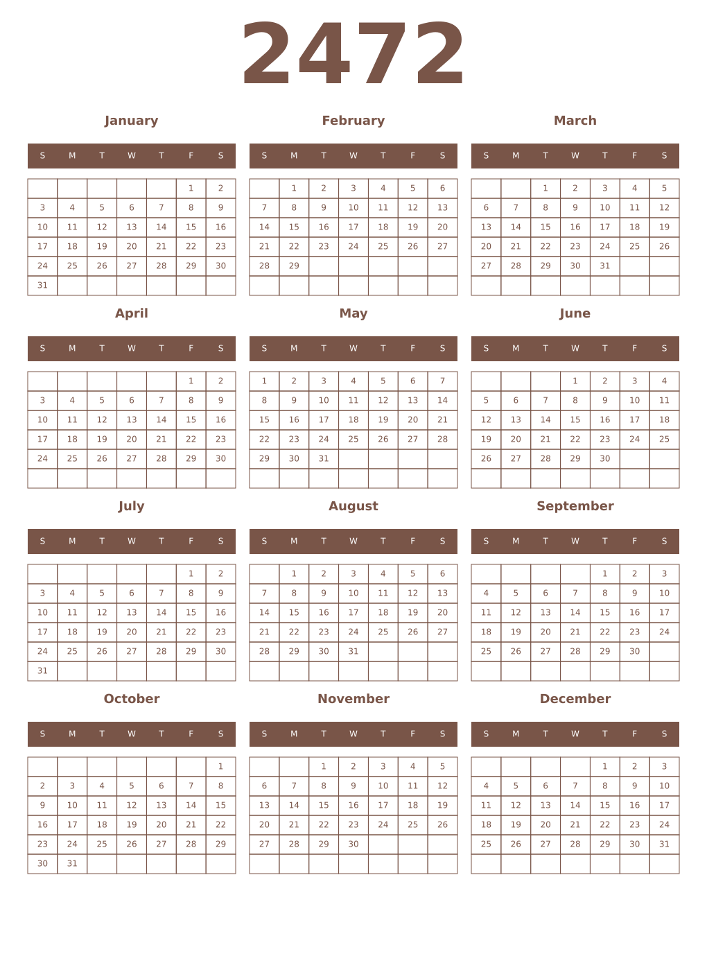 Printable 2472 Year Calendars coffe