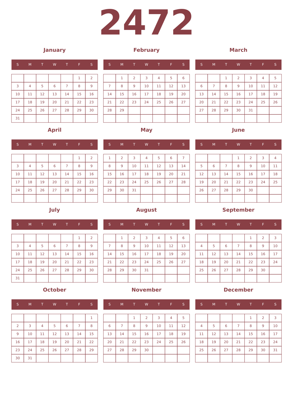 Printable 2472 Year Calendars cordovan