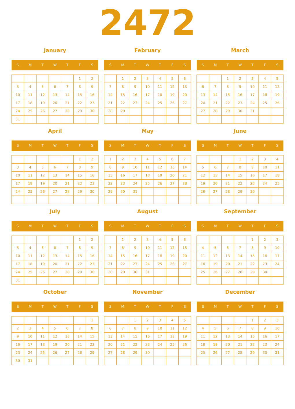 Printable 2472 Year Calendars gamboge