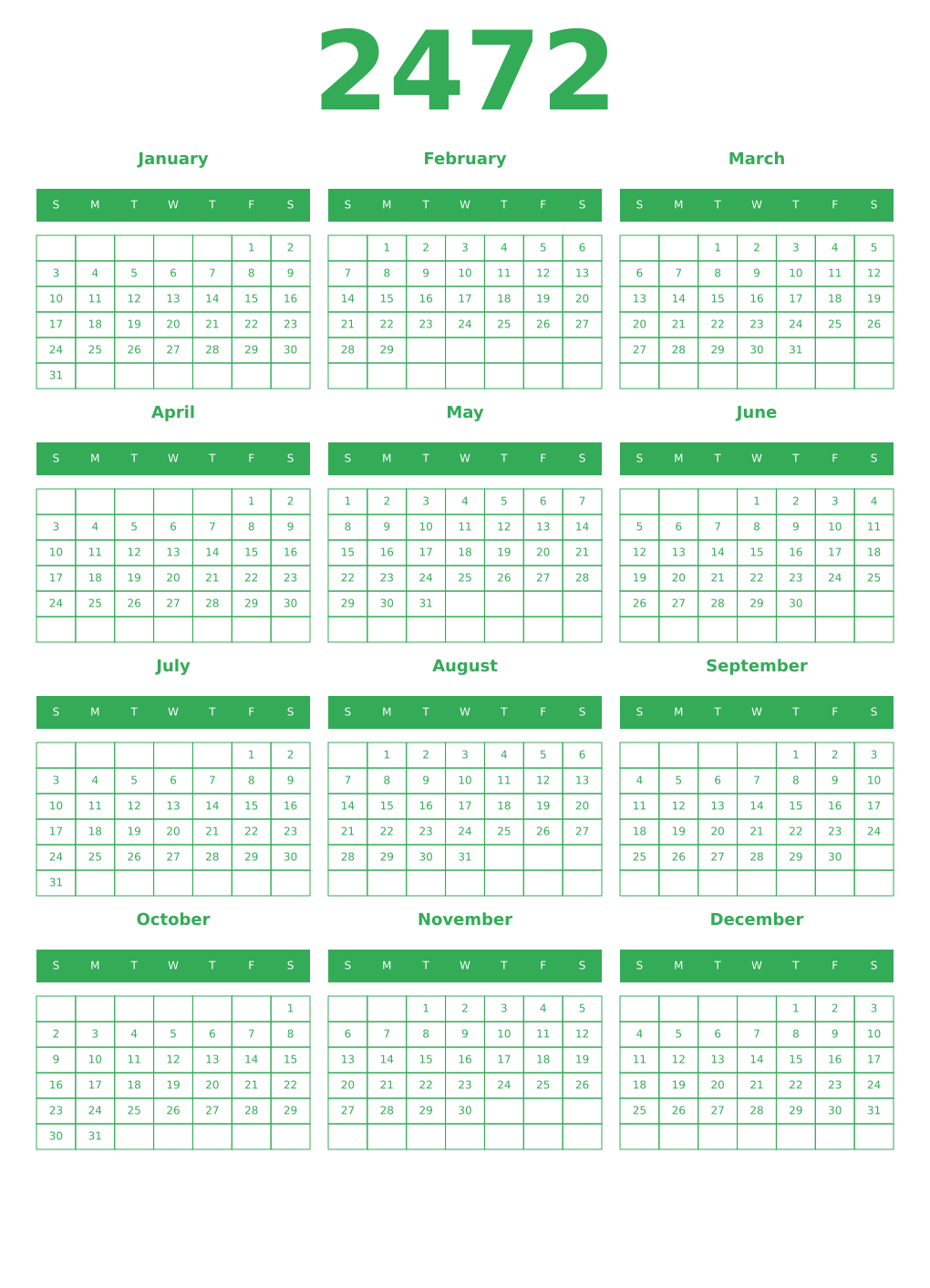 Printable 2472 Year Calendars green