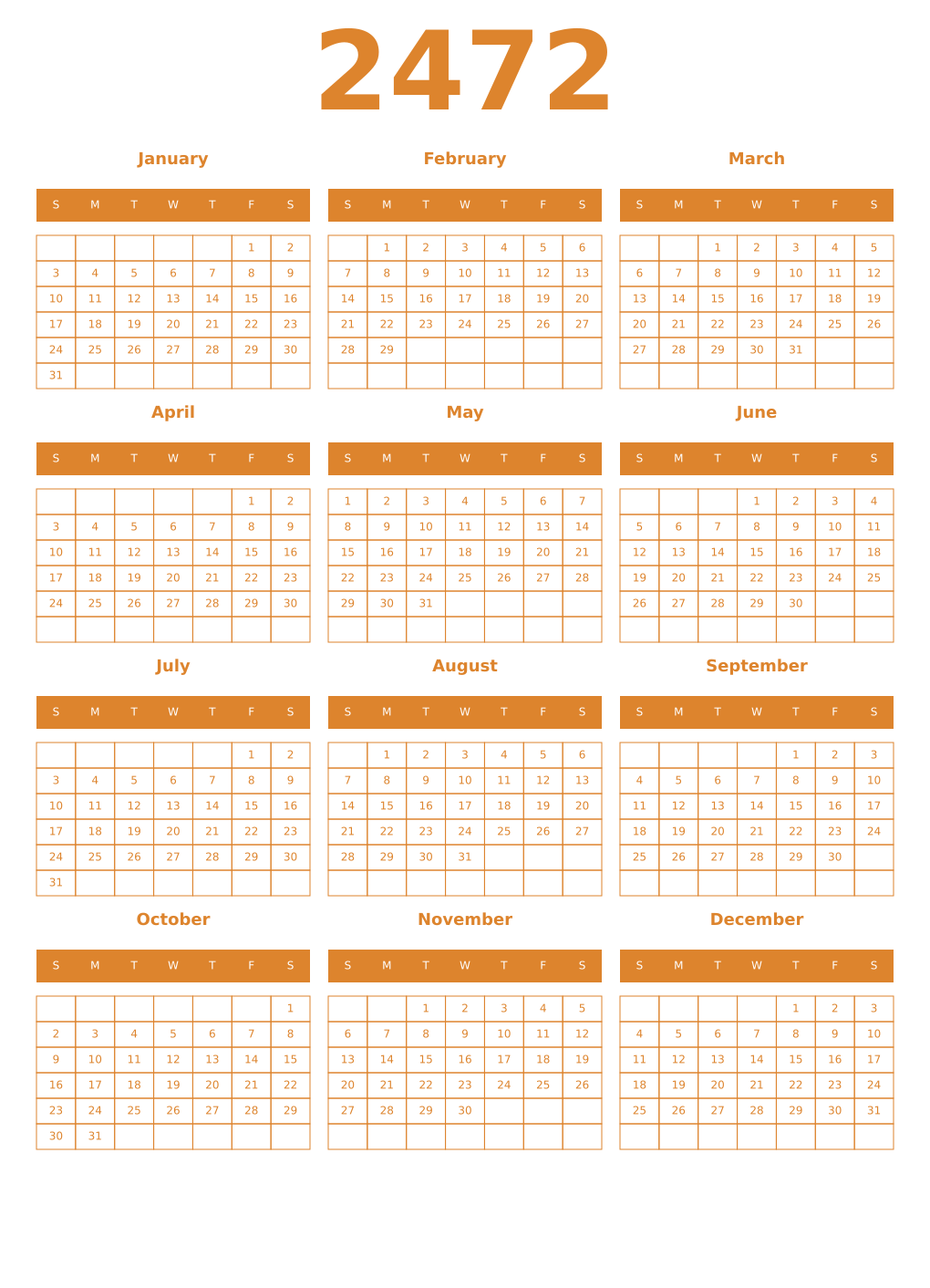Printable 2472 Year Calendars orange