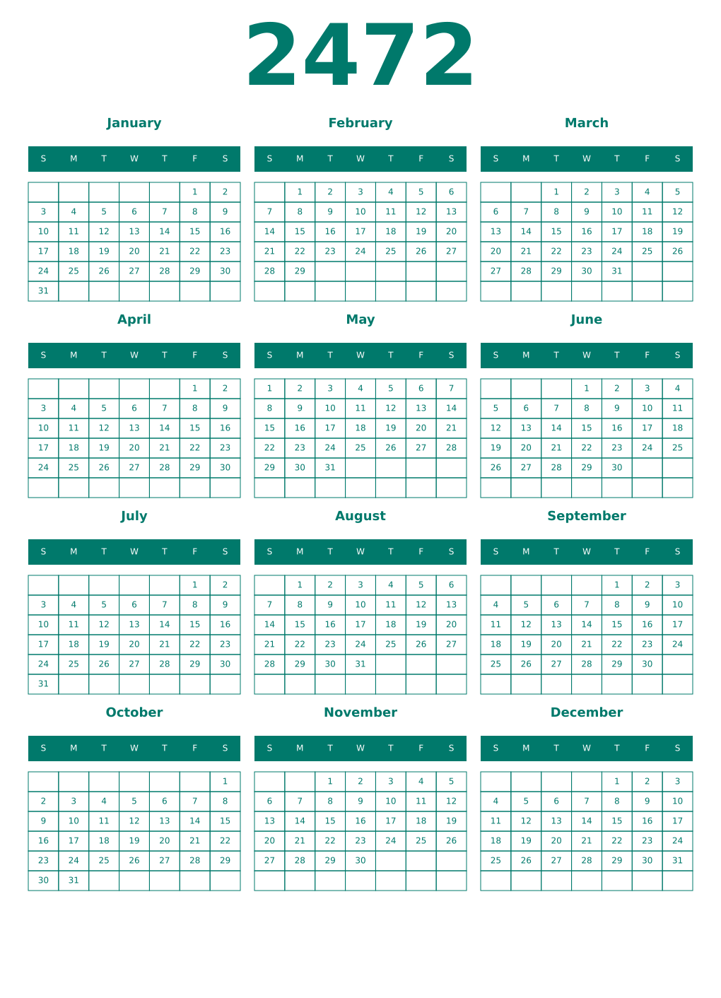 Printable 2472 Year Calendars pastel