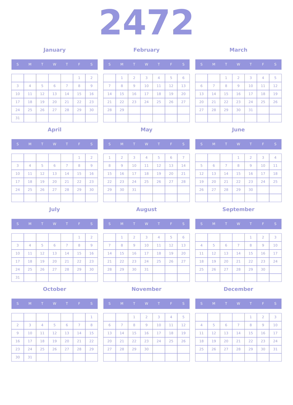 Printable 2472 Year Calendars periwinkle