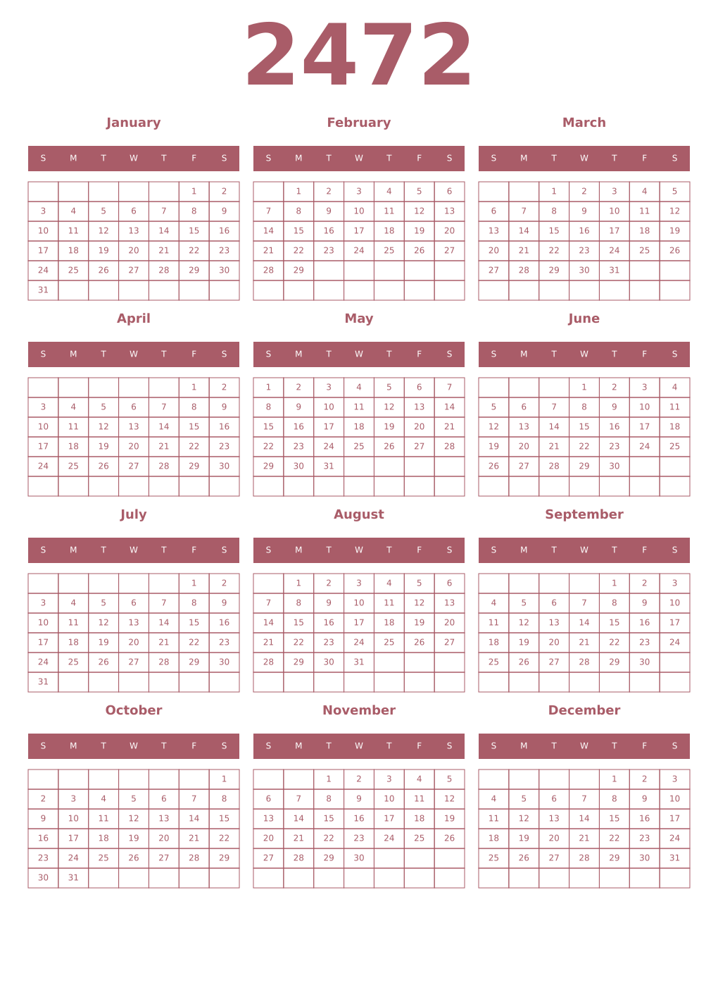 Printable 2472 Year Calendars puce
