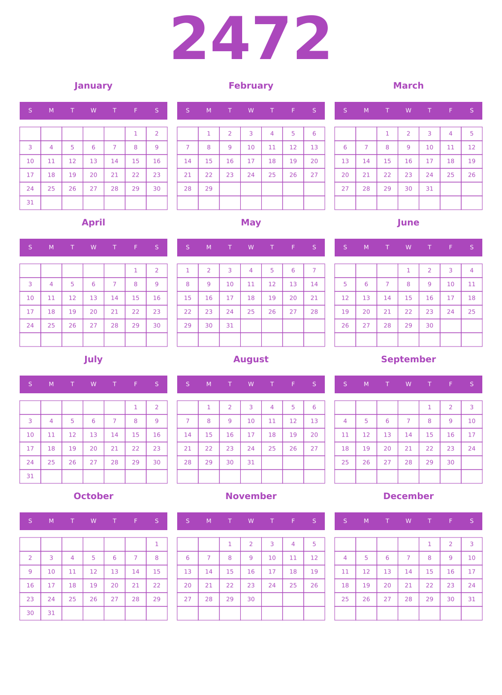 Printable 2472 Year Calendars purple